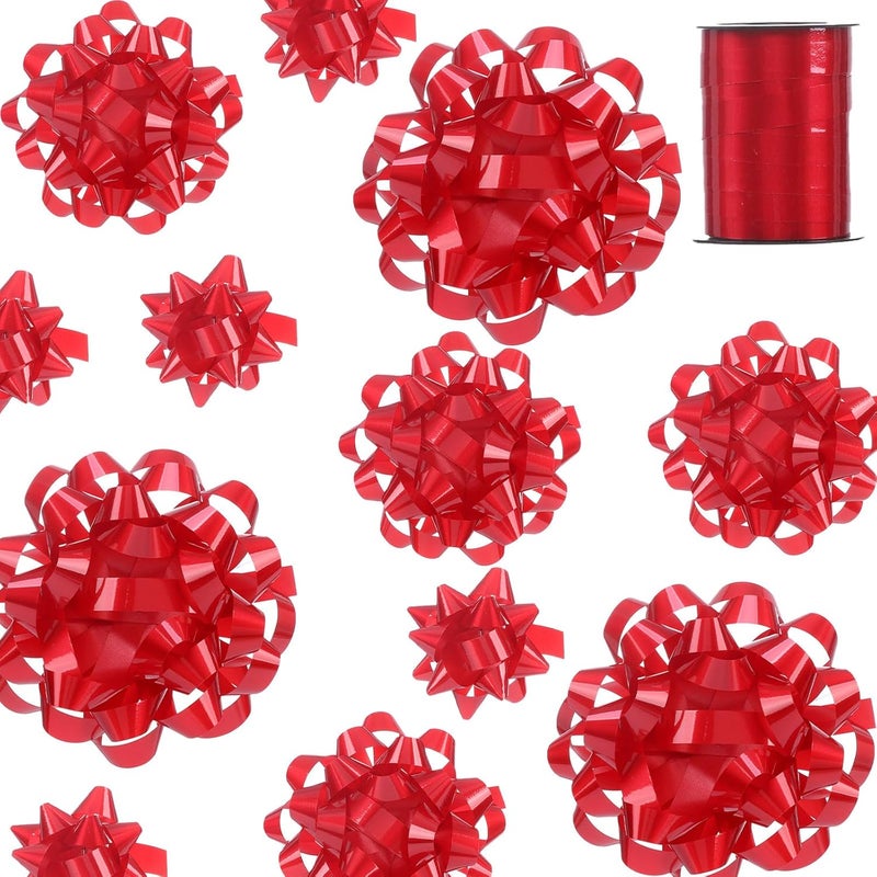 FORBINBO 25 Pcs Gift Bows Assortment - 3 Size Gift Bowsand 1 Crimped Curling Ribbons, Perfect for Christmas, Holiday，Birthdays, Weddings, Baby/Bridal Showers, Party (Red) - Image 1